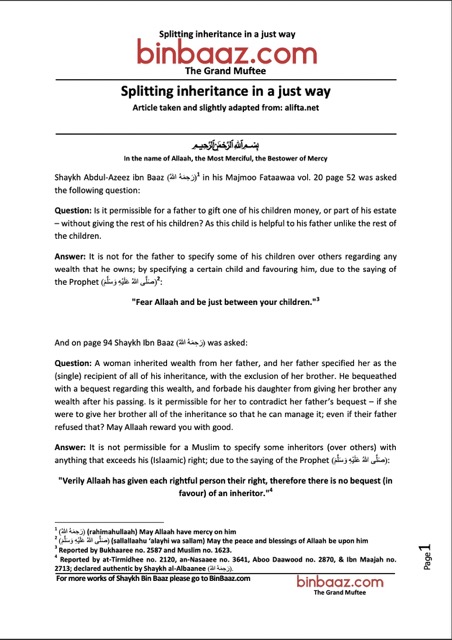 Splitting Inheritance in a Just Way, Ibn Baz