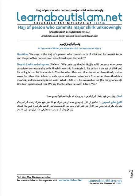 Hajj of a person who commits major shirk unknowingly